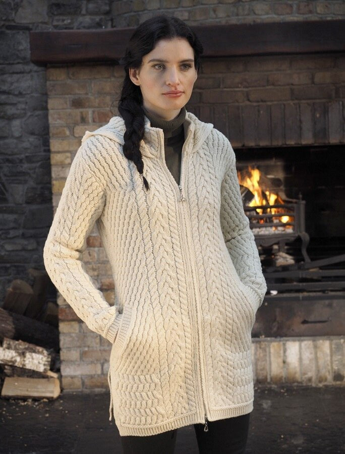 Merino Hooded Aran Coat - Natural 