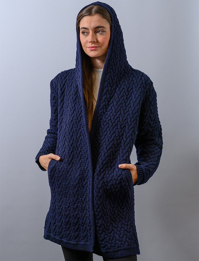 Ladies Herringbone Design Shawl Hood - Navy 