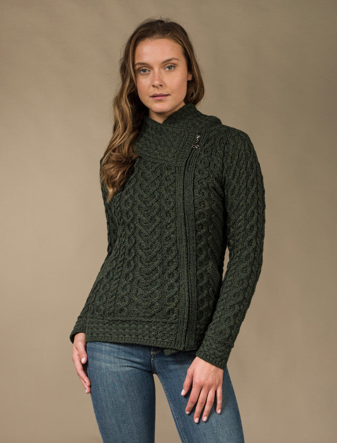 Aran Cable Knit Hoodie With Celtic Side Zip - Army Green 