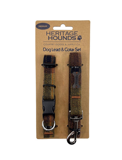 Tweed Dog Lead &amp; Collar Set - Amber plaid 