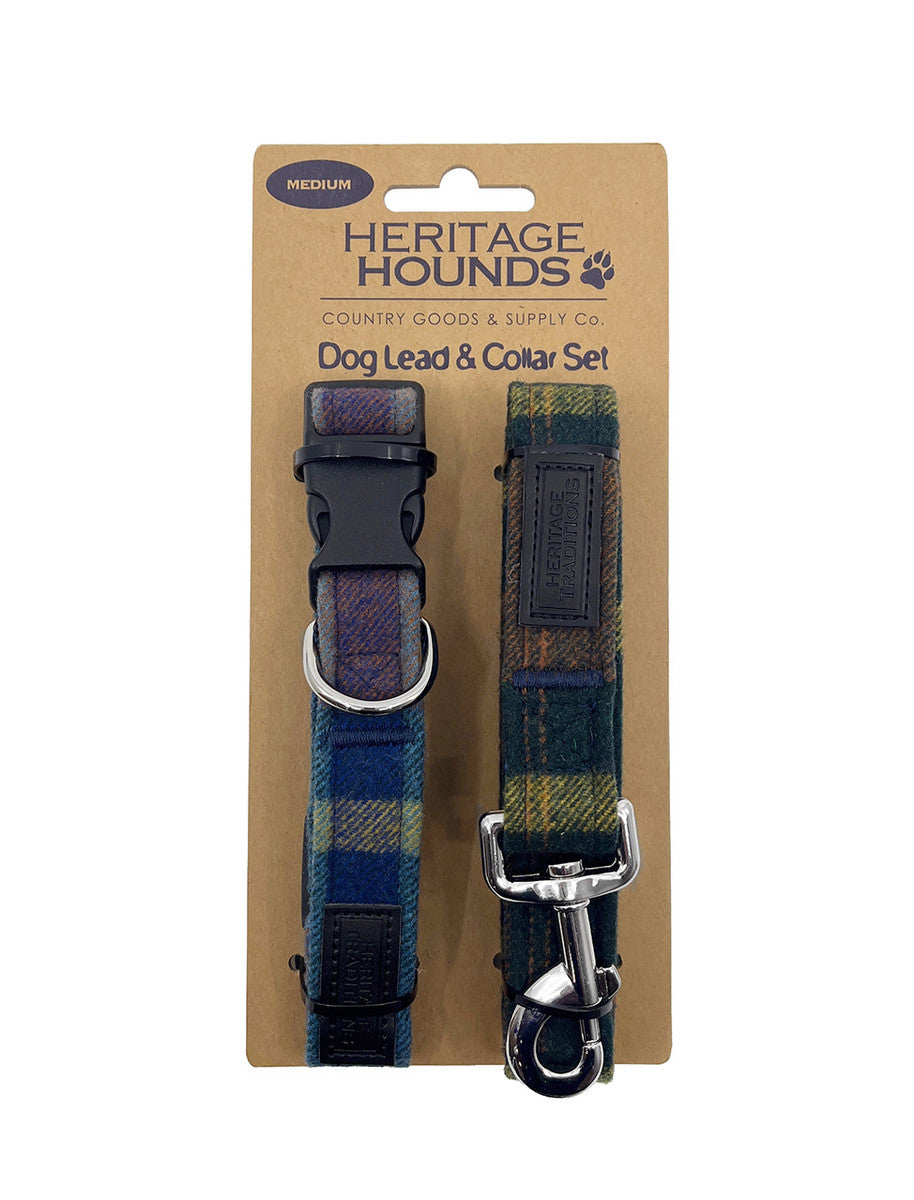 Tweed Dog Lead &amp; Collar Set - Blue Check 