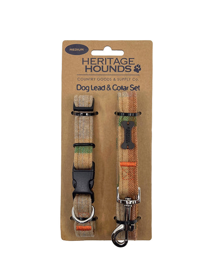 Tweed Dog Lead &amp; Collar Set - Camel Check 