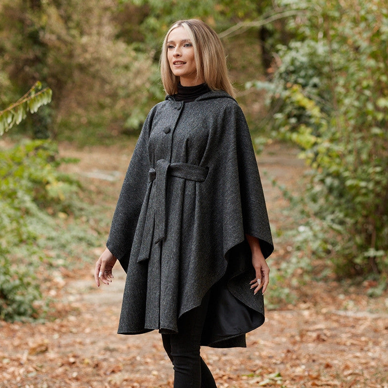 Donegal Tweed Hooded Cape - Charcoal 
