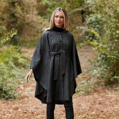 Donegal Tweed Hooded Cape - Charcoal 
