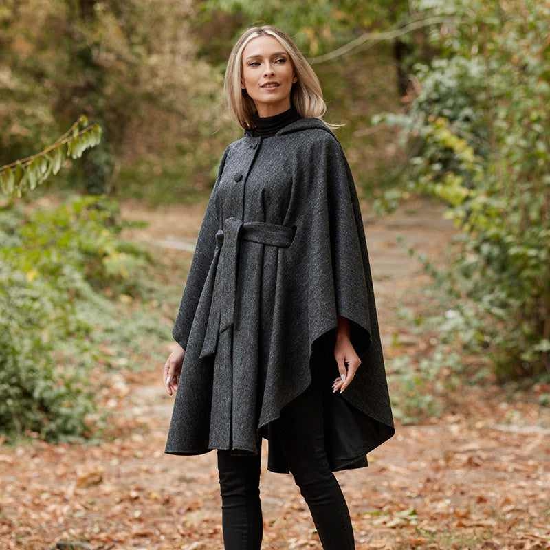 Donegal Tweed Hooded Cape - Charcoal 