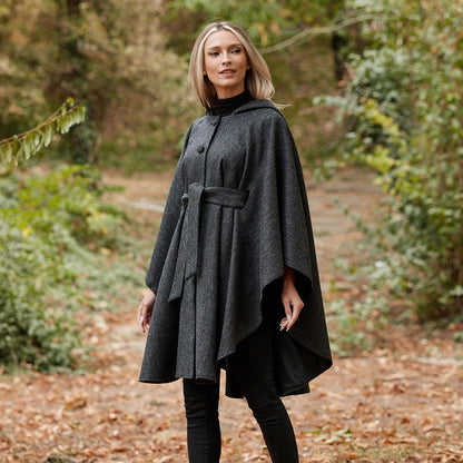 Donegal Tweed Hooded Cape - Charcoal 