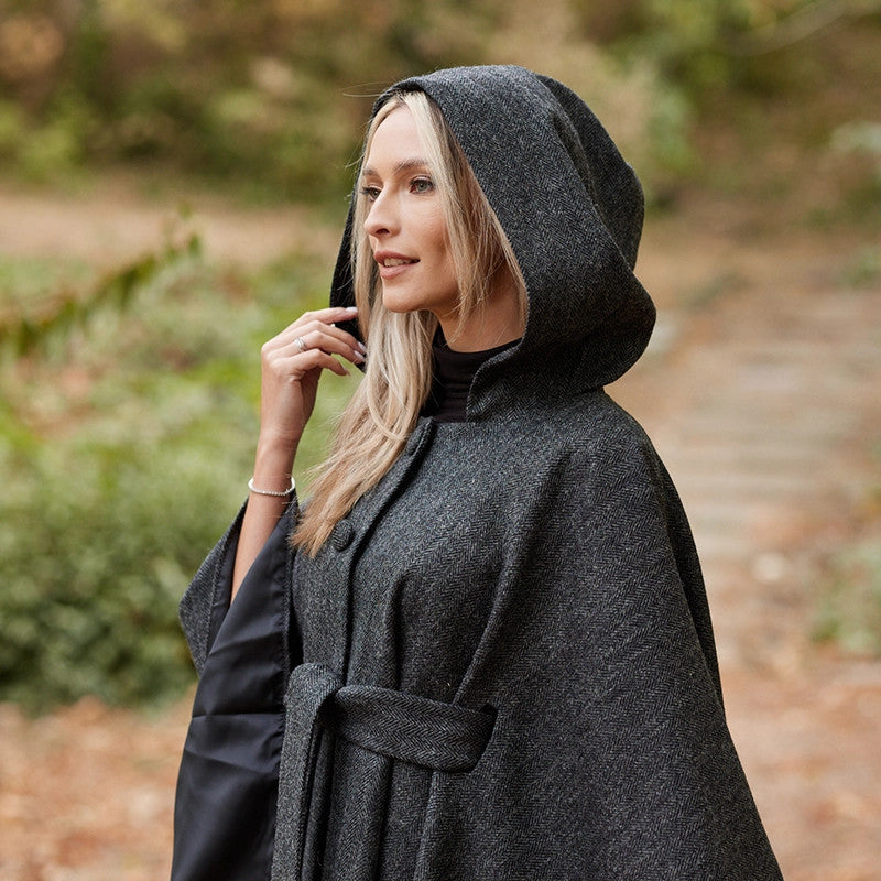 Donegal Tweed Hooded Cape - Charcoal 