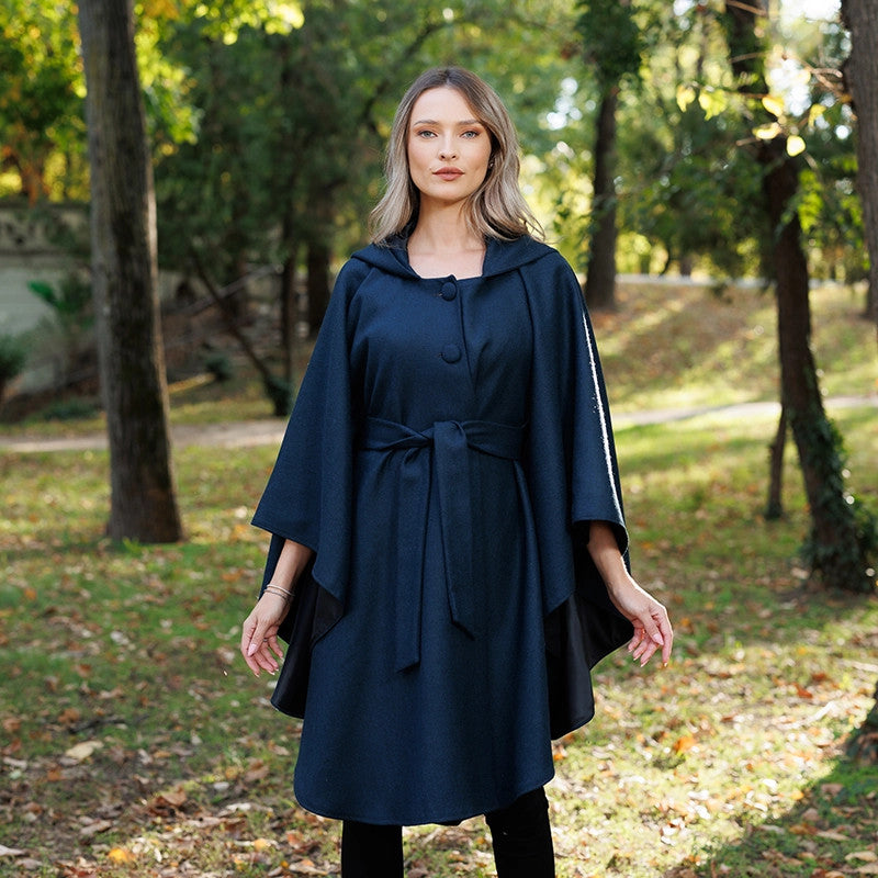 Donegal Tweed Hooded Cape - Navy 