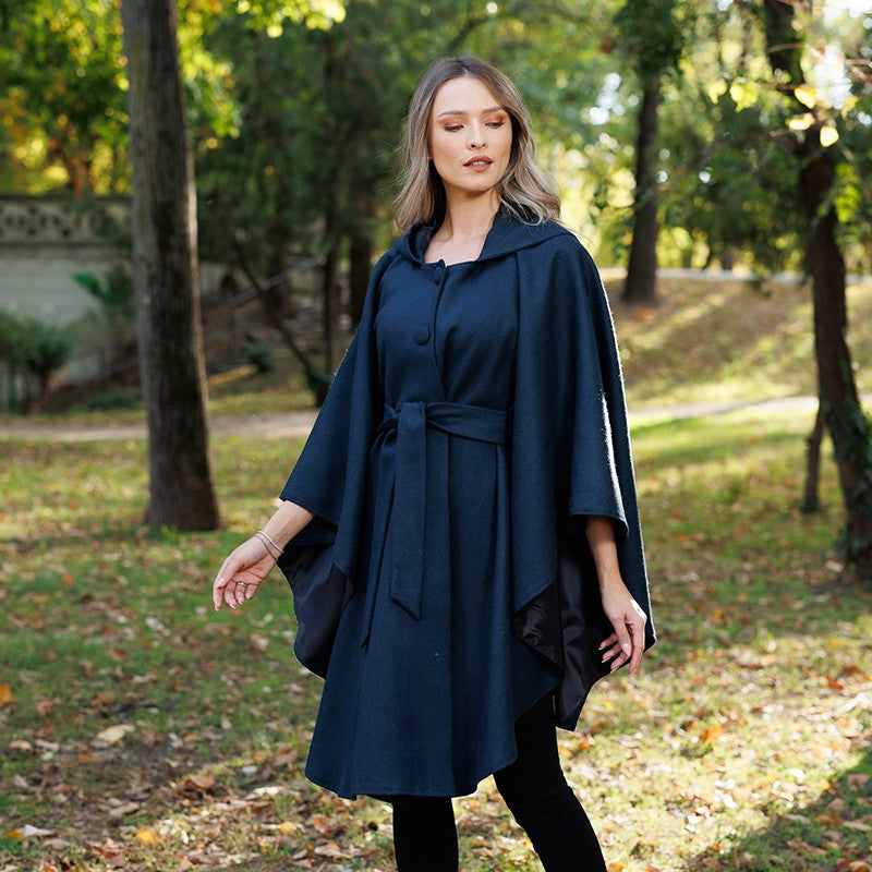 Donegal Tweed Hooded Cape - Navy 