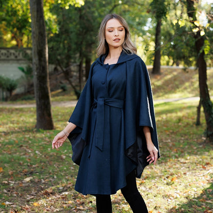 Donegal Tweed Hooded Cape - Navy 