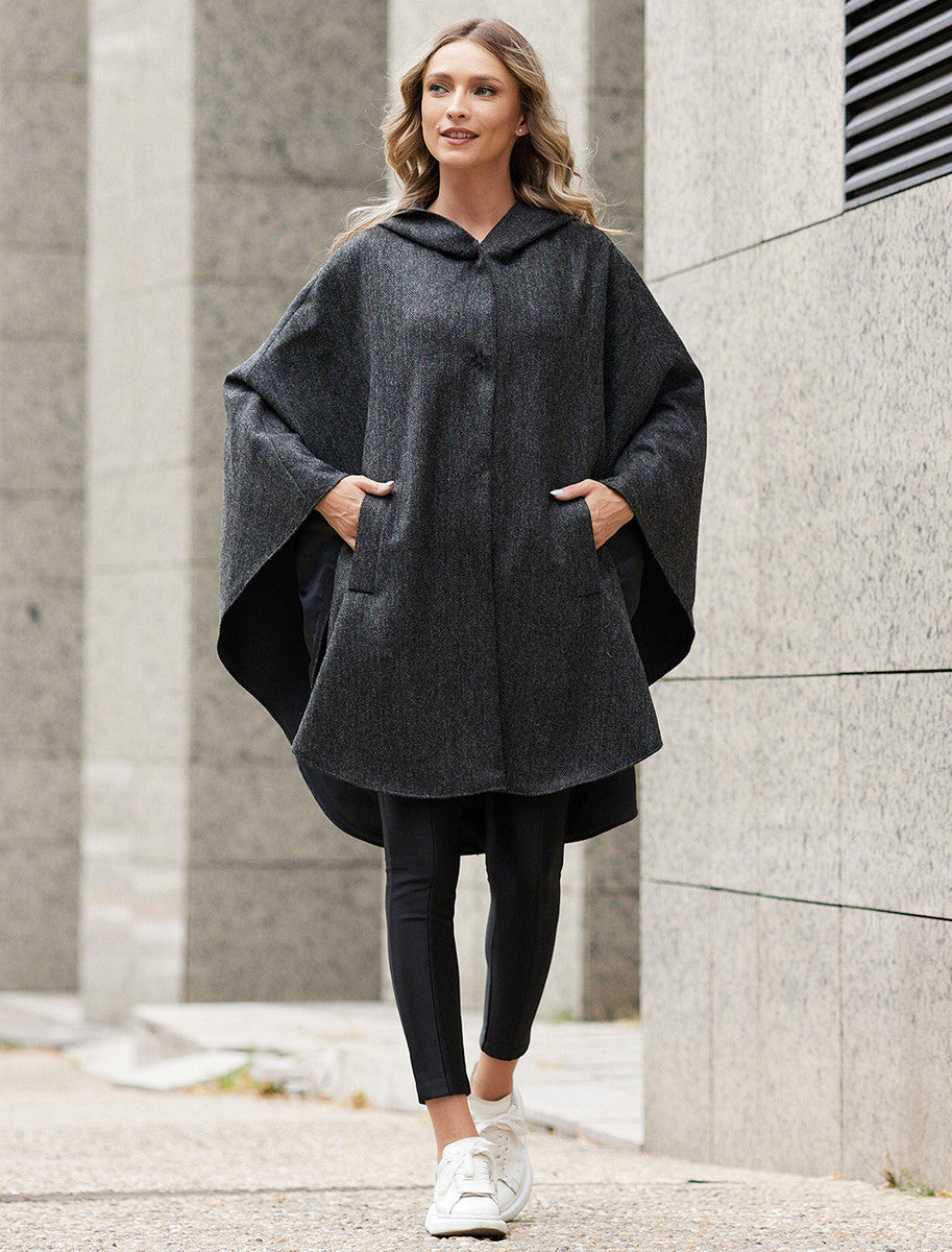 Wool Tweed Hooded Cape - Dark Grey 