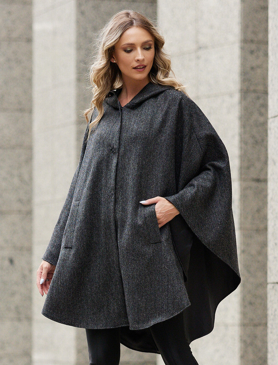 Wool Tweed Hooded Cape - Dark Grey 