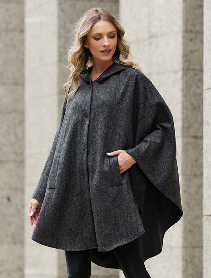Wool Tweed Hooded Cape - Dark Grey 