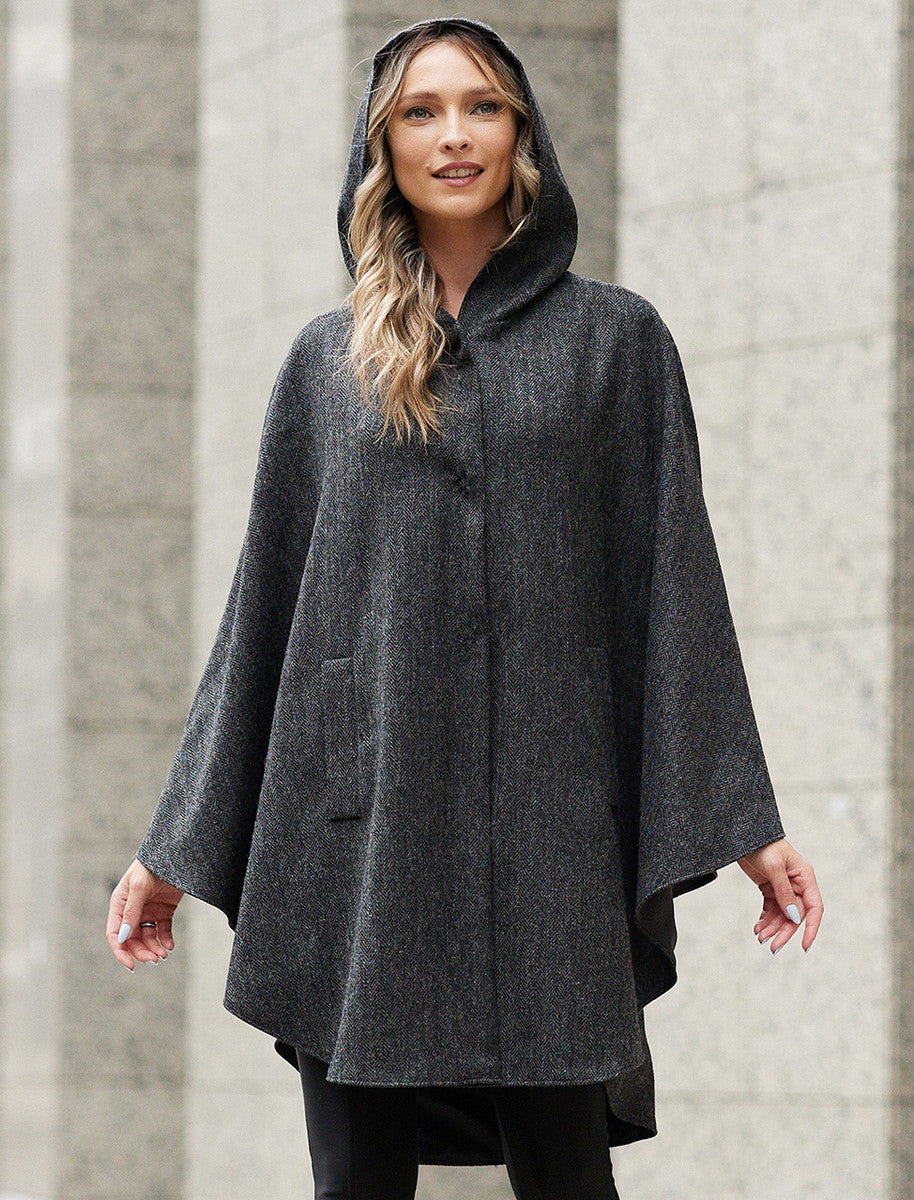 Wool Tweed Hooded Cape - Dark Grey 