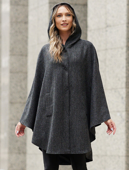 Wool Tweed Hooded Cape - Dark Grey 