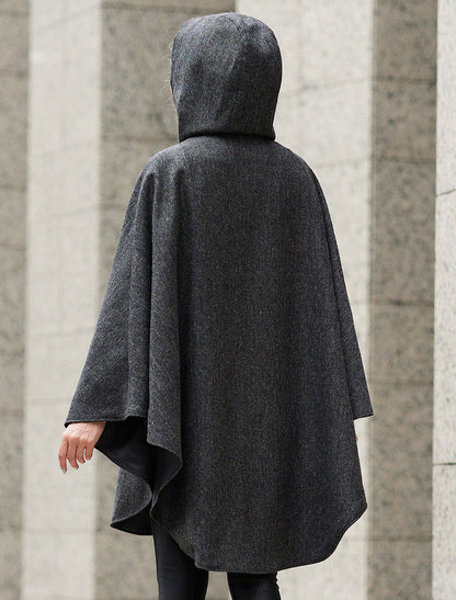 Wool Tweed Hooded Cape - Dark Grey 