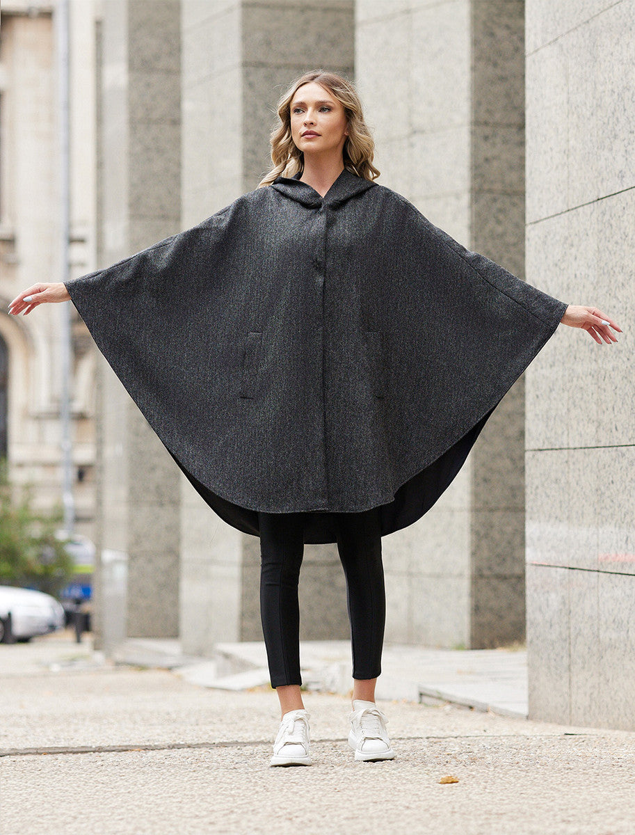 Wool Tweed Hooded Cape - Dark Grey 