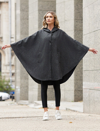 Wool Tweed Hooded Cape - Dark Grey 