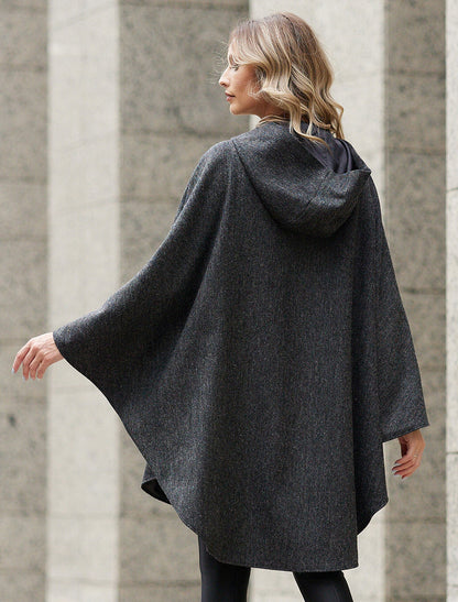 Wool Tweed Hooded Cape - Dark Grey 