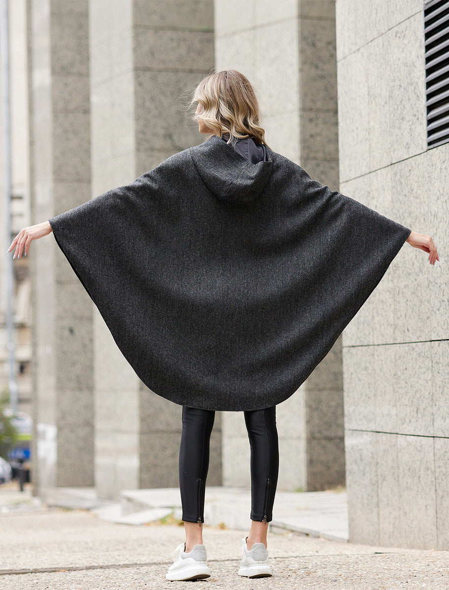 Wool Tweed Hooded Cape - Dark Grey 