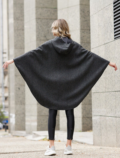 Wool Tweed Hooded Cape - Dark Grey 