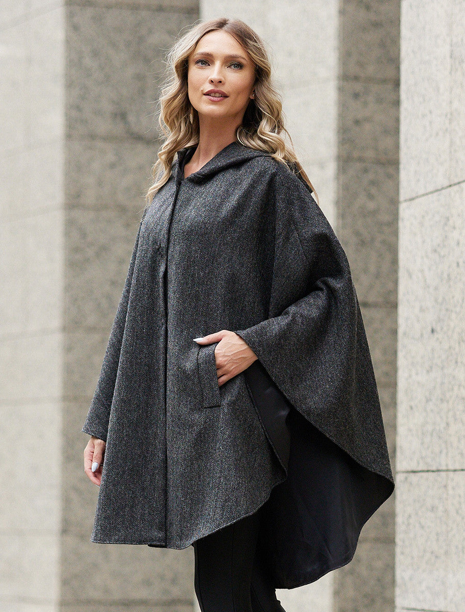 Wool Tweed Hooded Cape - Dark Grey 