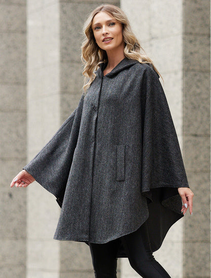 Wool Tweed Hooded Cape - Dark Grey 