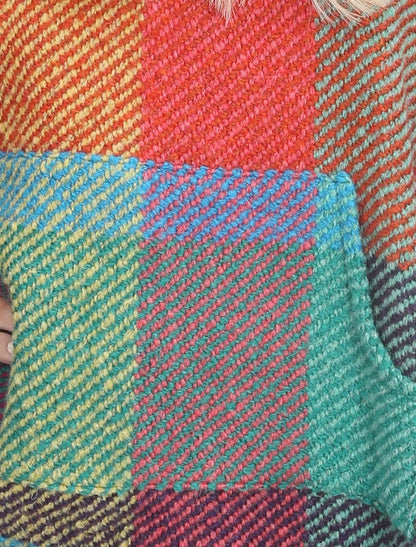 Cheryl Herringbone Hooded Poncho - Kildare Multi-Light-Green Detail 