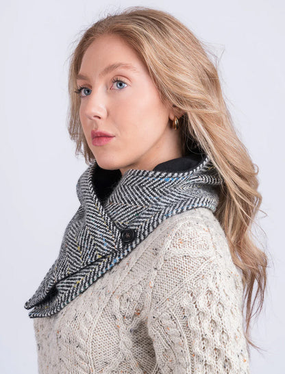 Luxurious Wool Tweed Snood - Black &amp; White Herringbone