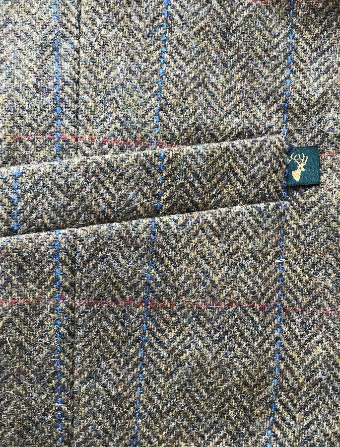 Irish Tweed Herringbone Waistcoat - Brown &amp; Blue/Red Check - Pocket
