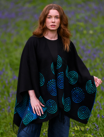 Fringed Celtic Spiral Shawl - Black &amp; Turquoise 