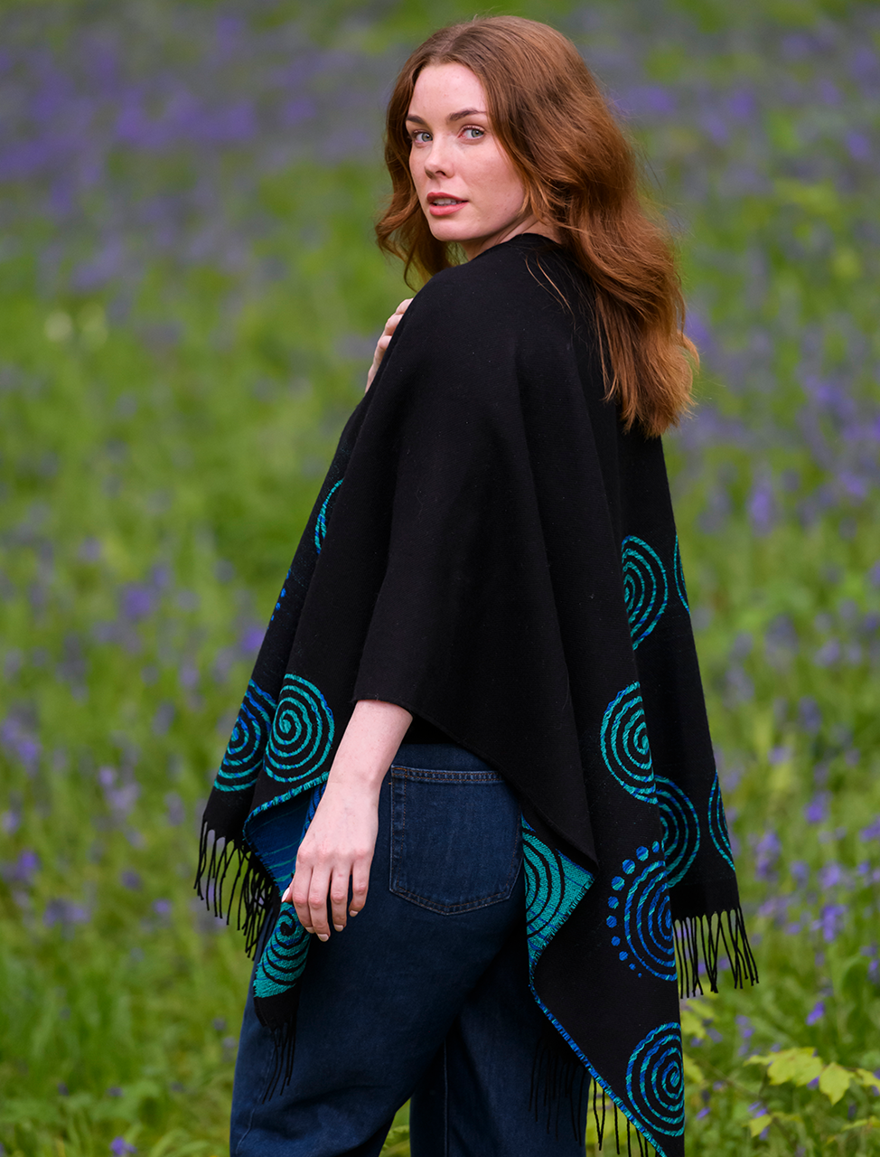 Fringed Celtic Spiral Shawl - Black &amp; Turquoise 