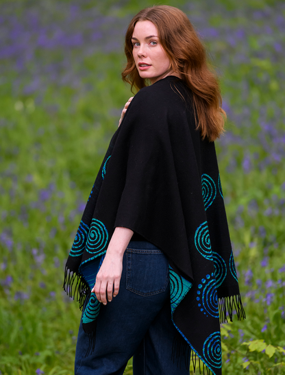 Fringed Celtic Spiral Shawl - Black &amp; Turquoise 