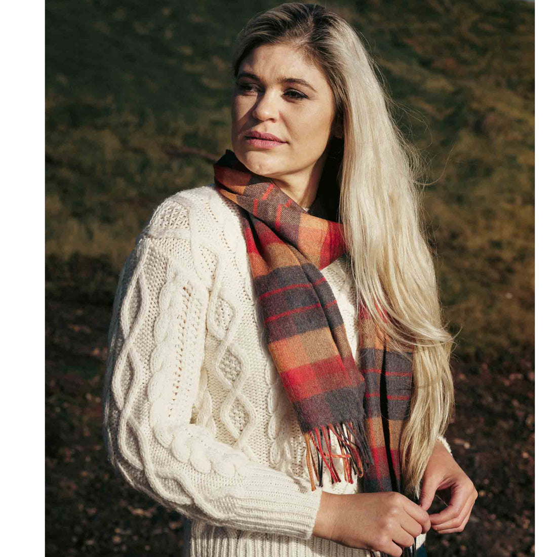 Merino Luxury Wool Scarf - Orange Charcoal Plaid
