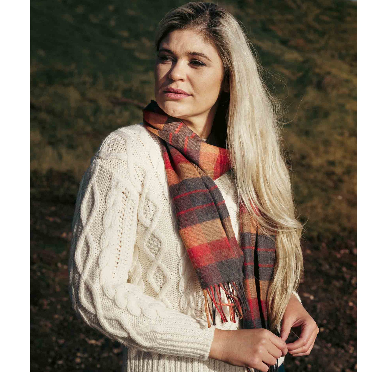 Merino Luxury Wool Scarf - Orange Charcoal Plaid
