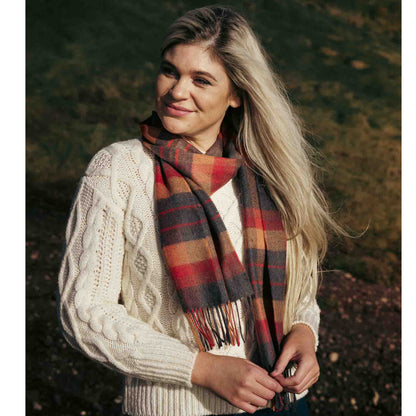 Merino Luxury Wool Scarf - Orange Charcoal Plaid