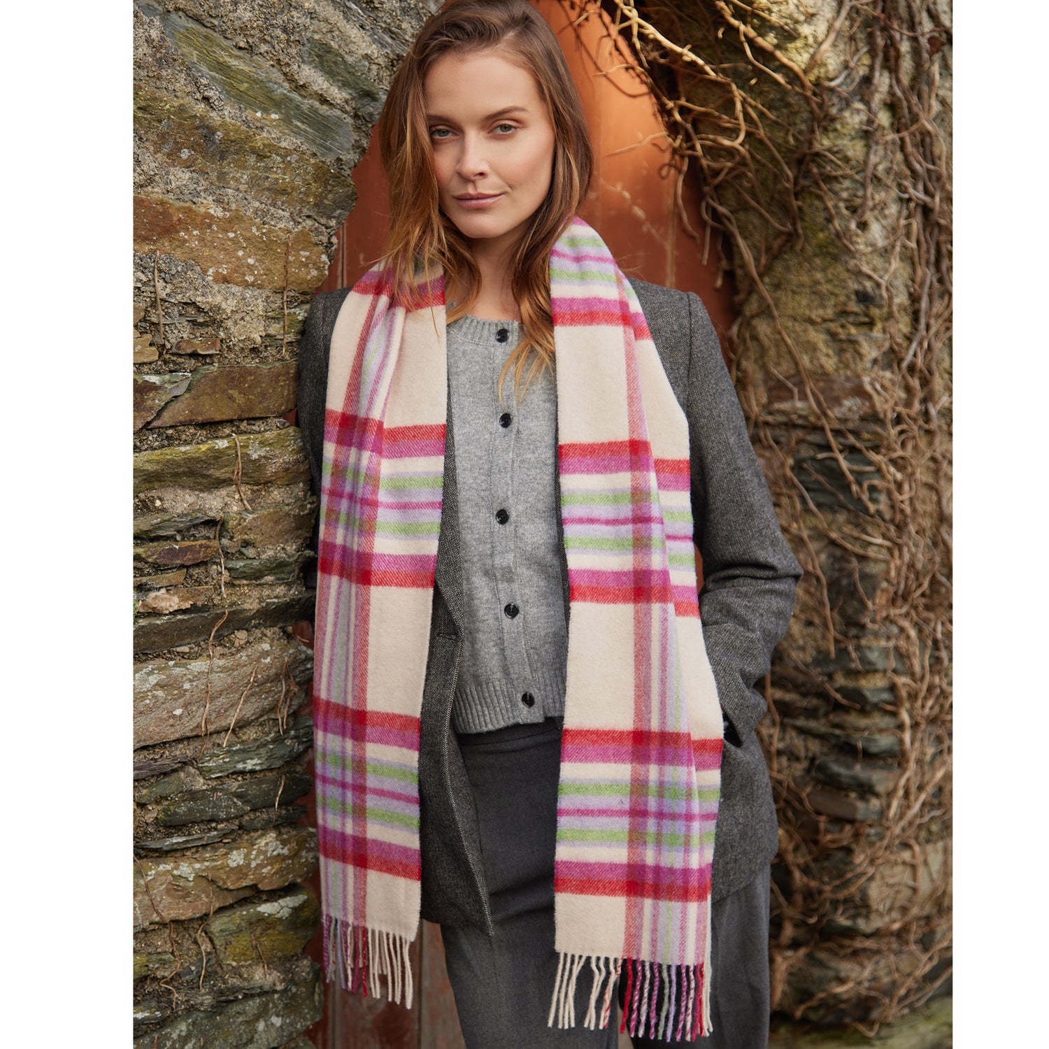 Narrow Lambswool Plaid Scarf - Berries and Cream