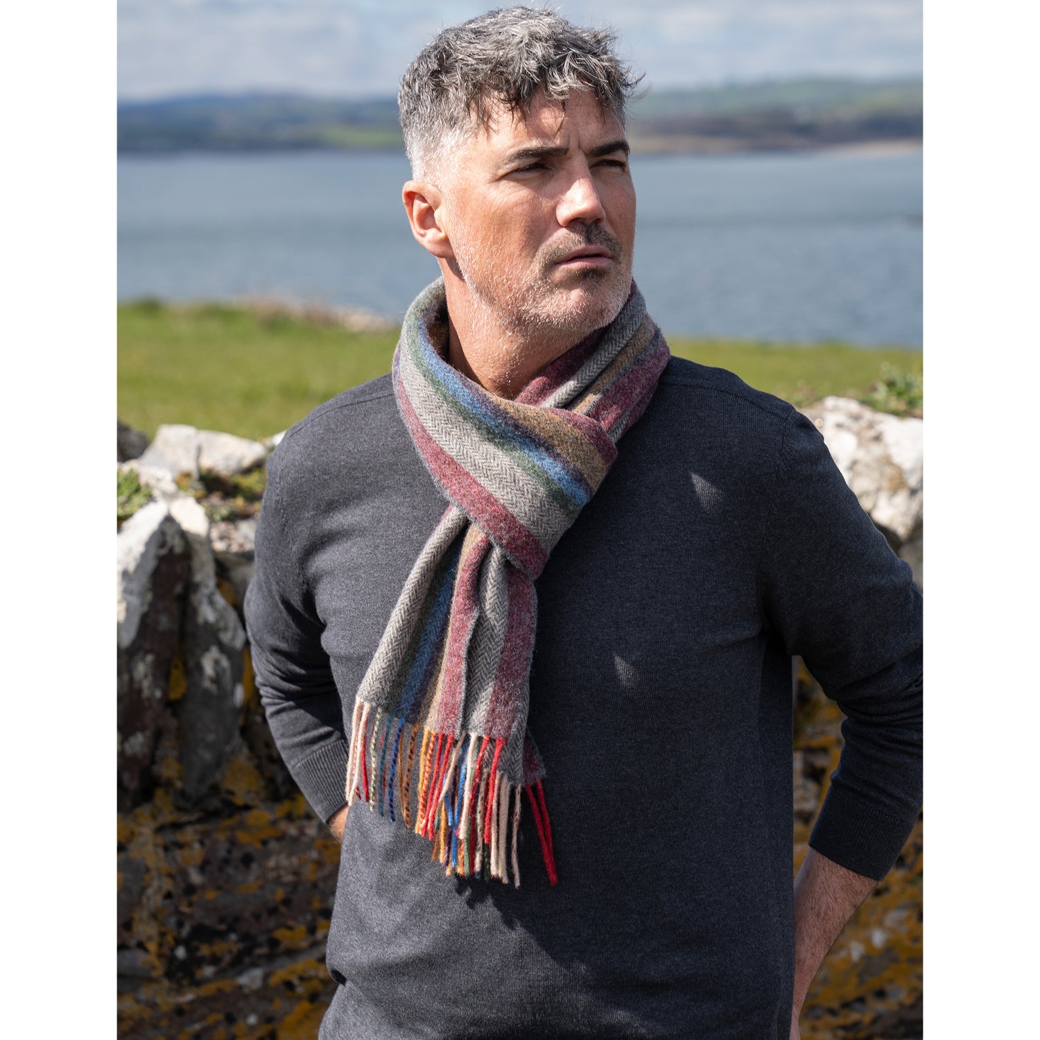 Narrow Lambswool Striped Scarf - Multi-Colour Herringbone