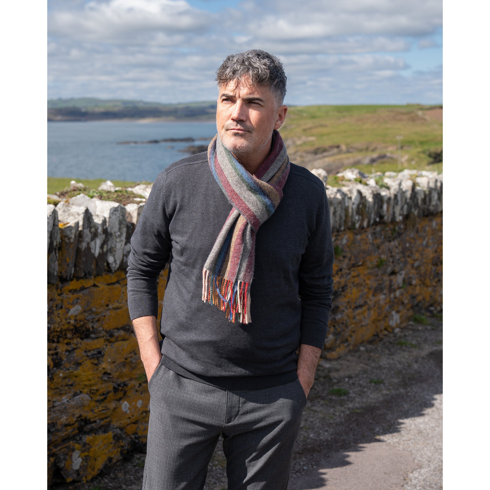 Narrow Lambswool Striped Scarf - Multi-Colour Herringbone