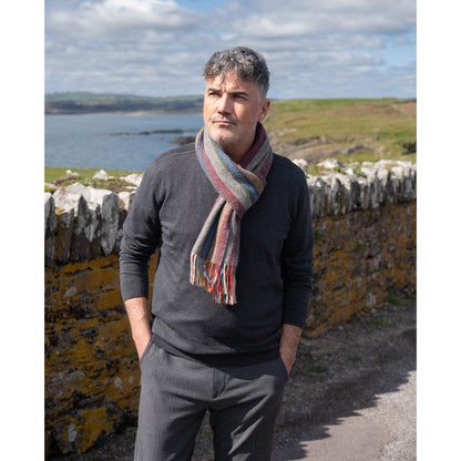 Narrow Lambswool Striped Scarf - Multi-Colour Herringbone