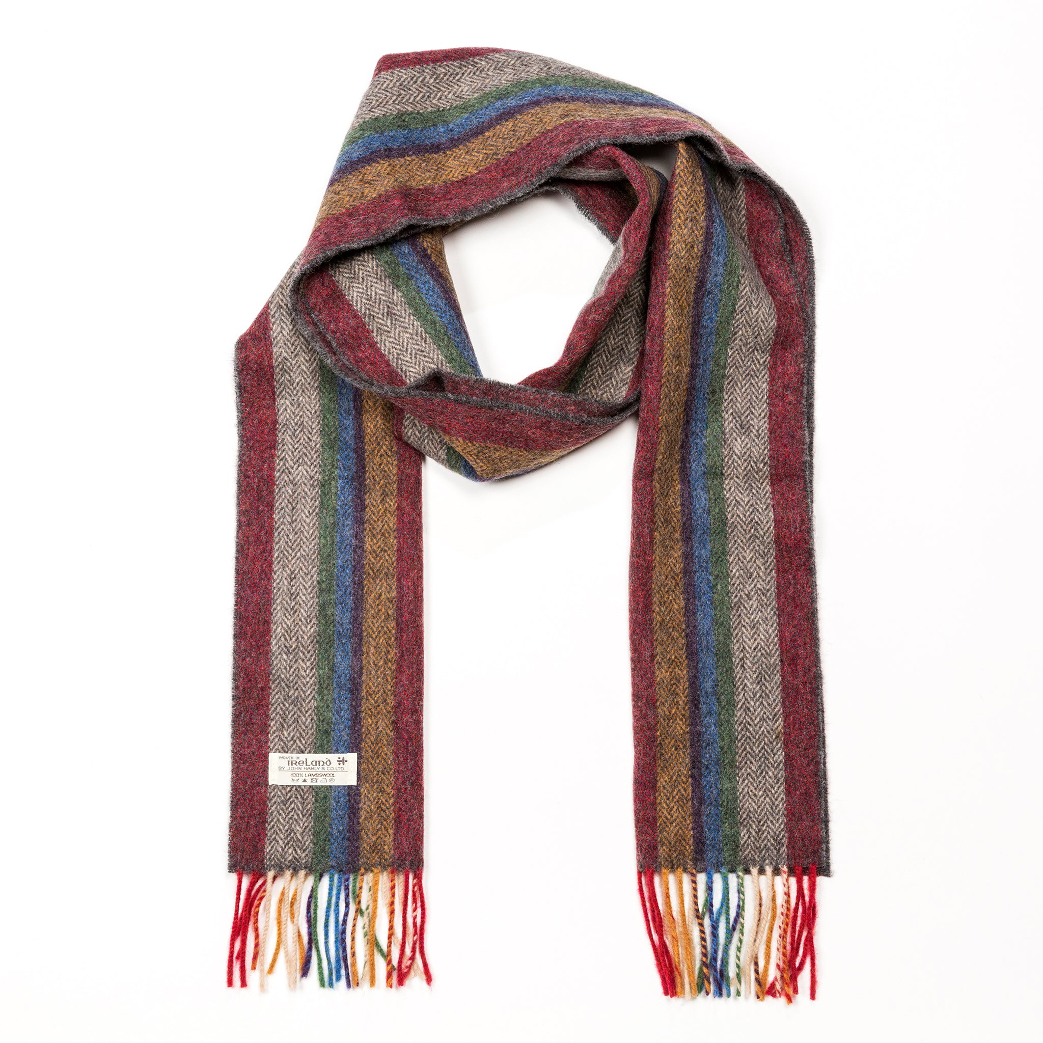 Narrow Lambswool Striped Scarf - Multi-Colour Herringbone