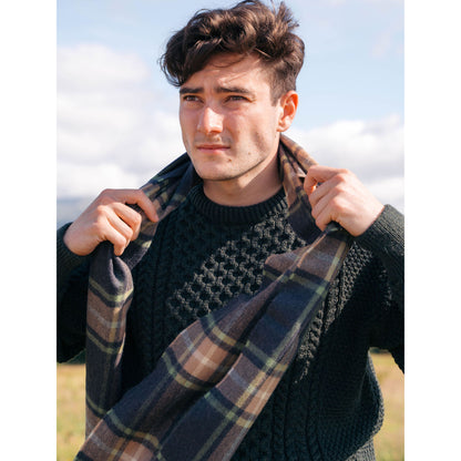 Fine Merino Plaid Scarf - Charcoal Tan Green