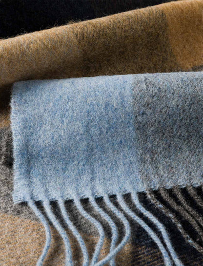 Narrow Lambswool Checked Scarf - Beige Grey &amp; Blue