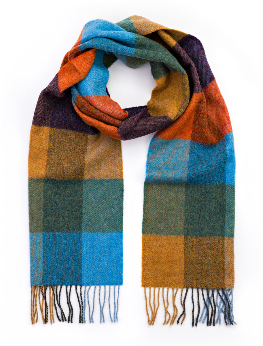 Narrow Lambswool Checked Scarf - Mustard Blue &amp; Orange
