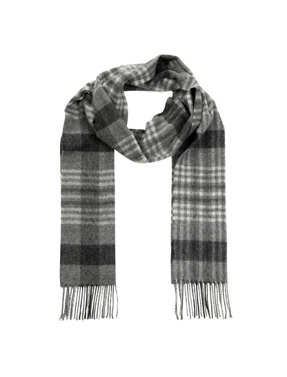 Narrow Lambswool Checked Scarf - Grey, Charcoal &amp; Silver Plaid