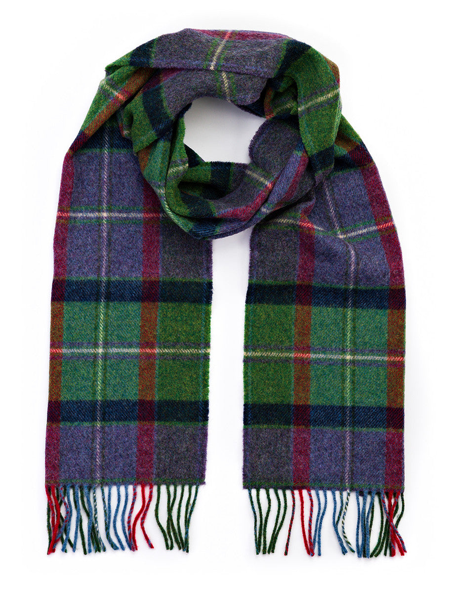 Narrow Lambswool Checked Scarf - Purple Green &amp; Navy