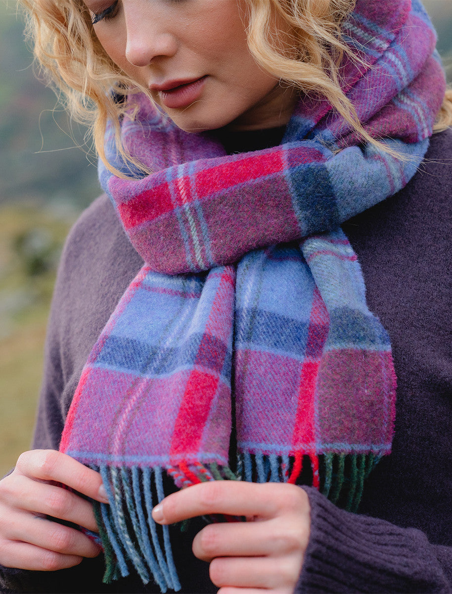 Narrow Lambswool Checked Scarf - Raspberry Lavender &amp; Purple