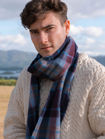Fine Merino Plaid Scarf - Navy Sky Red 