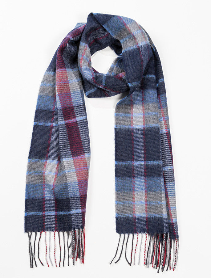 Fine Merino Plaid Scarf - Navy Sky Red 