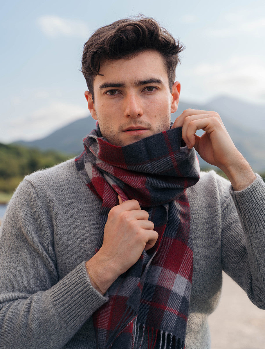 Fine Merino Plaid Scarf - Charcoal Red White 